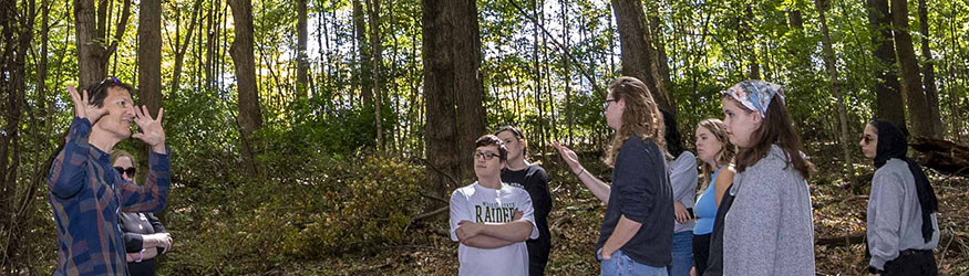 photo of students and professors in the woods on campus