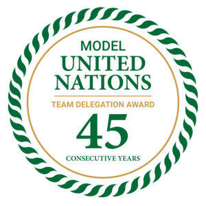 wright state branded badge with text: model united nations team delegation award 45 consecutive years